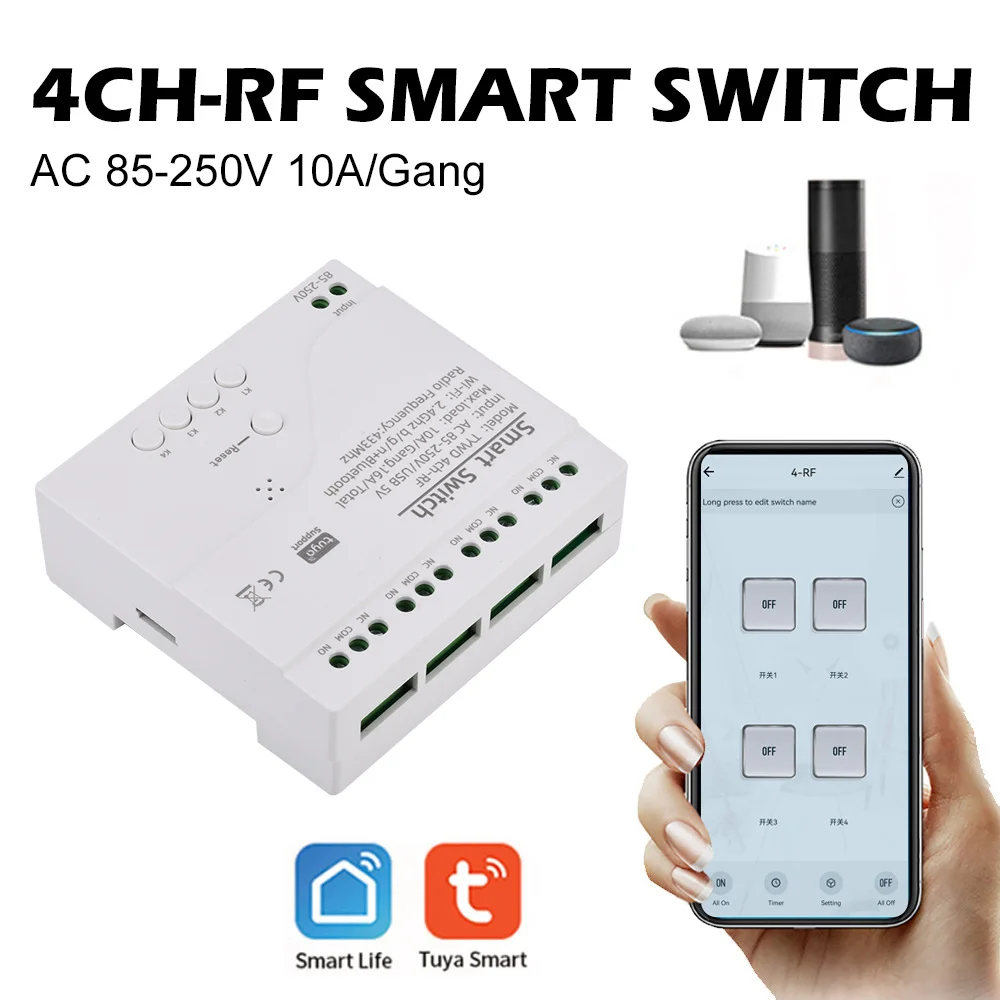 4 Channel 433MHz WiFi Relay Switch Module Smart Control Relay Module AC 85V~250V/Micro USB 5V Compatible with Alexa Goolge Home