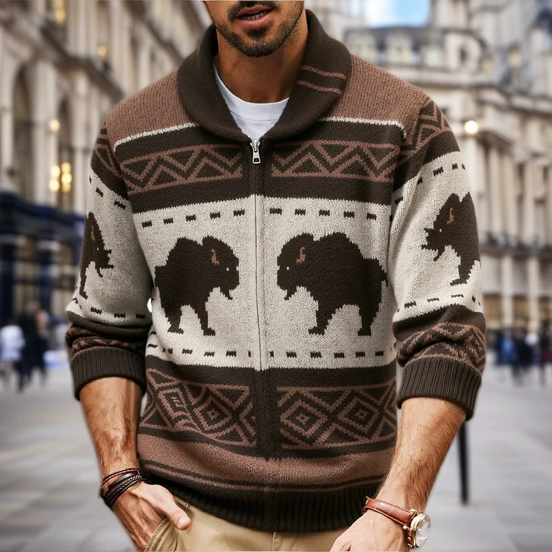 

Men's Retro Jacquard Knitted Sweater Autumn/Winter Luxury Fashion Thick Cardigan Outdoor Sweater Top Coat