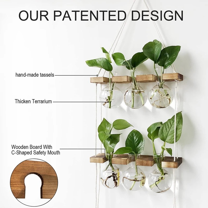 Propagation Plant Stations With Terrarium, Wooden Stand And Retro Wall Hanging Tassel Lanyard For Hydroponic Plants