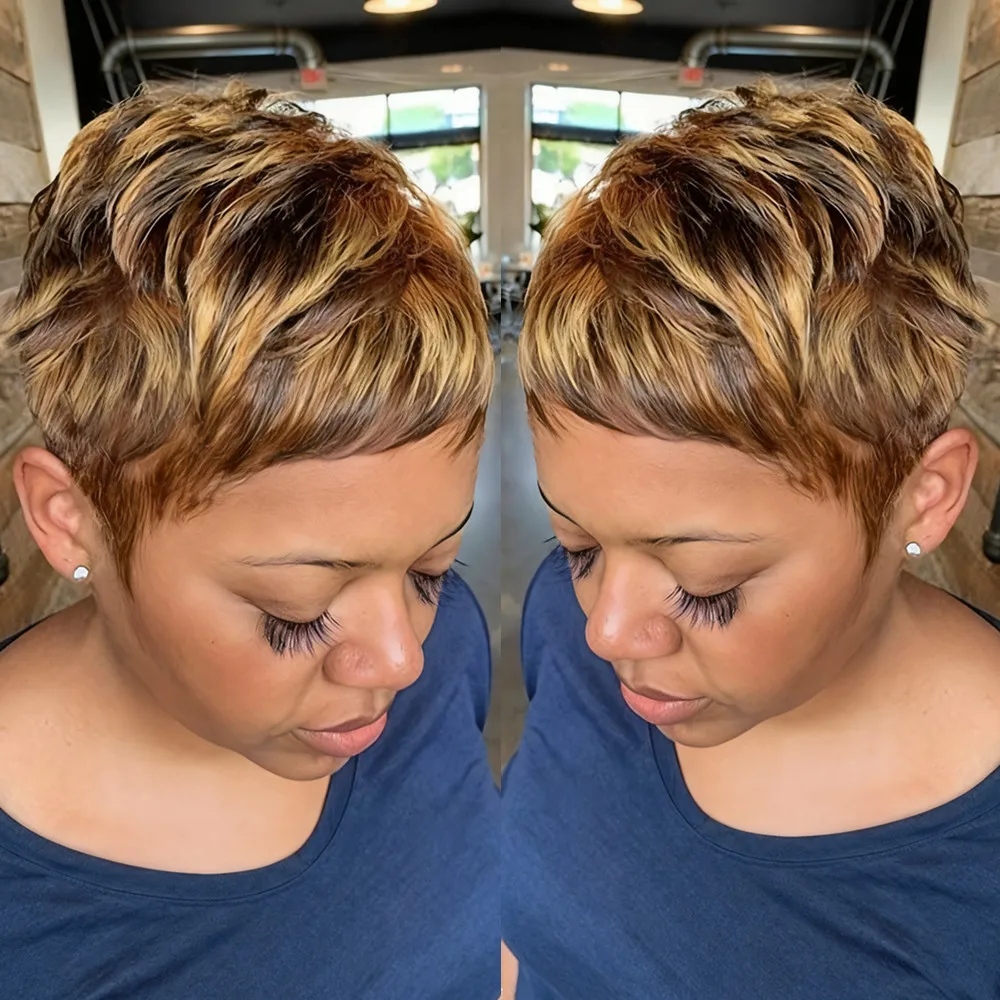 

стрижка пикси 427 многослойные 4 дюйма пикси короткая стрижка парики из человеческих волос светлый цвет парики для женщин парики машинного производства