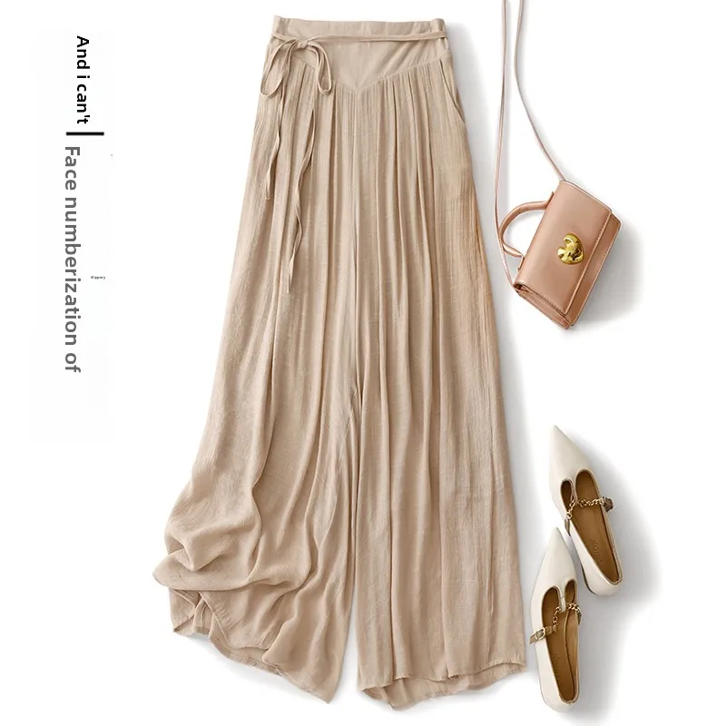  Calças de perna larga de seda de camada dupla saia feminina verão drapeado solto emagrecimento casual em linha reta calças de saia grande na moda