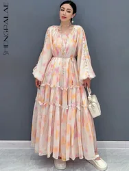 SHENGPALAE New Chiffon Printed Cake Skirt Long Dress Loose Elegant Fashion French Tea Break Dresses 2024 Spring Clothes 5R9612