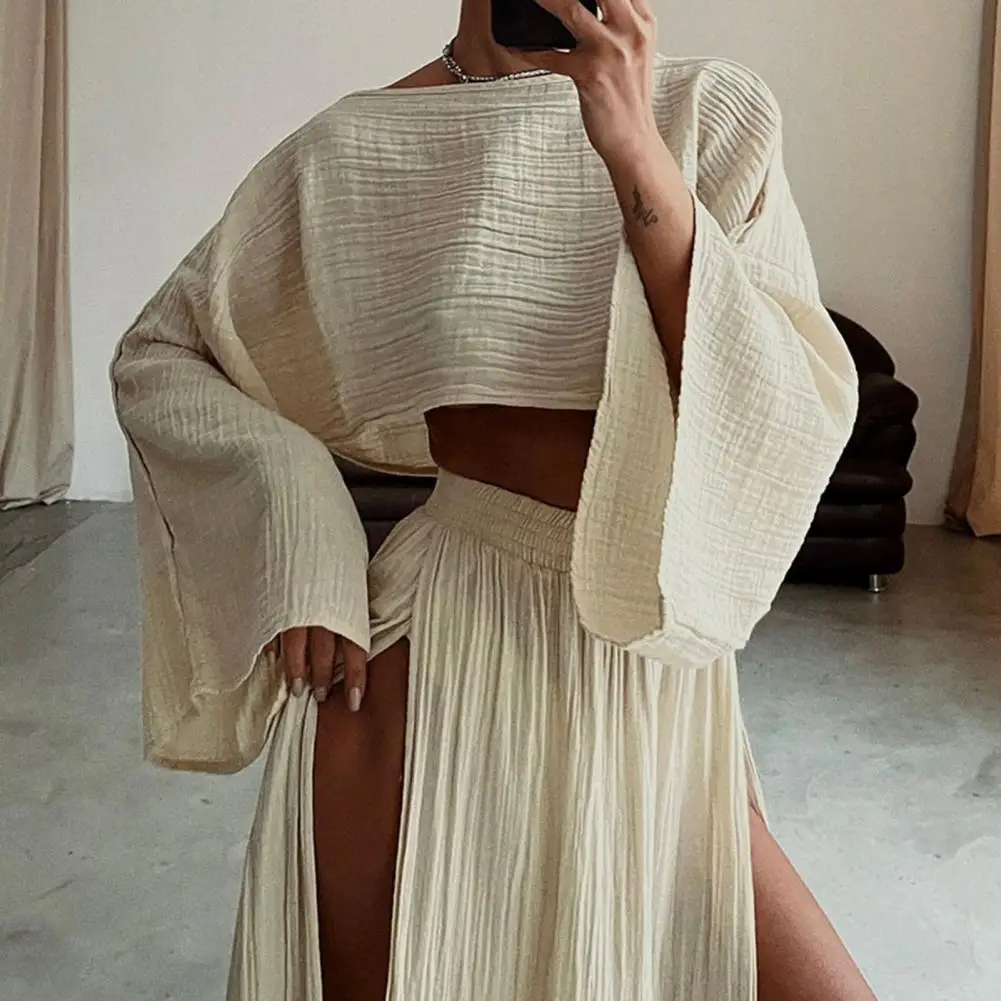 2 Pcs/Set Women Crop Top Skirt Set Long Sleeve Slant Neck Short Top High Waist Split Skirt Solid Color Vacation Bikini Cover Up