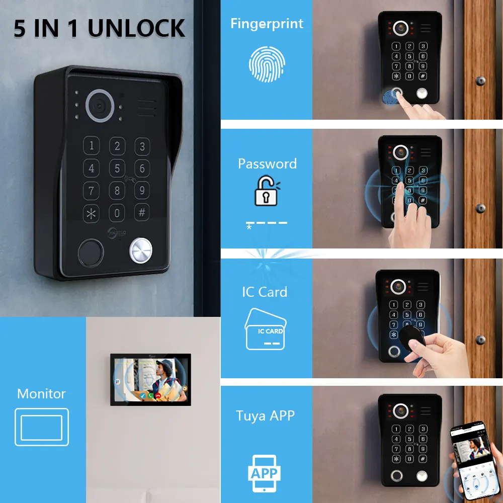 System wideodomofonowy ANJIELO 5w1 z odciskiem palca do domów jednorodzinnych z dwoma pokojami, inteligentny dzwonek do drzwi Tuya, ochrona bezpieczeństwa.