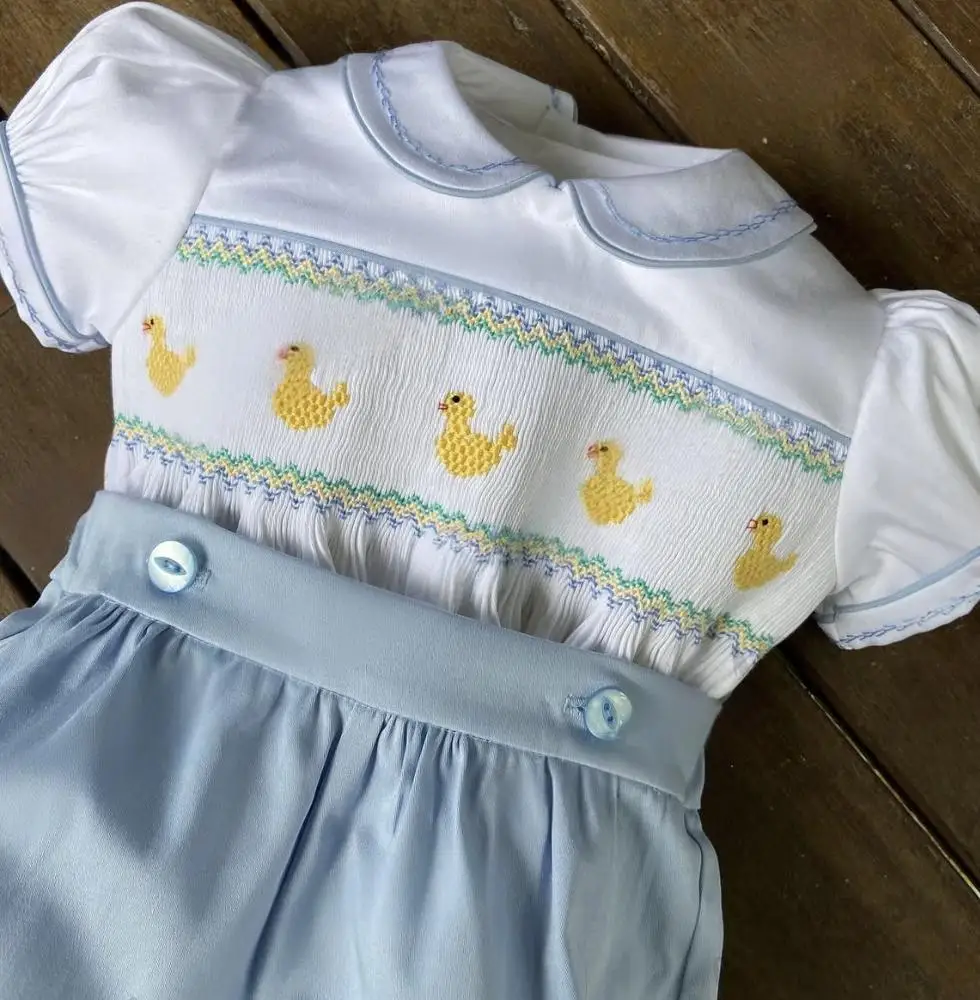 0-6Y بيبي بوي الصيف قصيرة الأكمام البط الأصفر اليدوية التطريز Smocked الأزرق الزي دعوى لحفلة عيد ميلاد عطلة A10