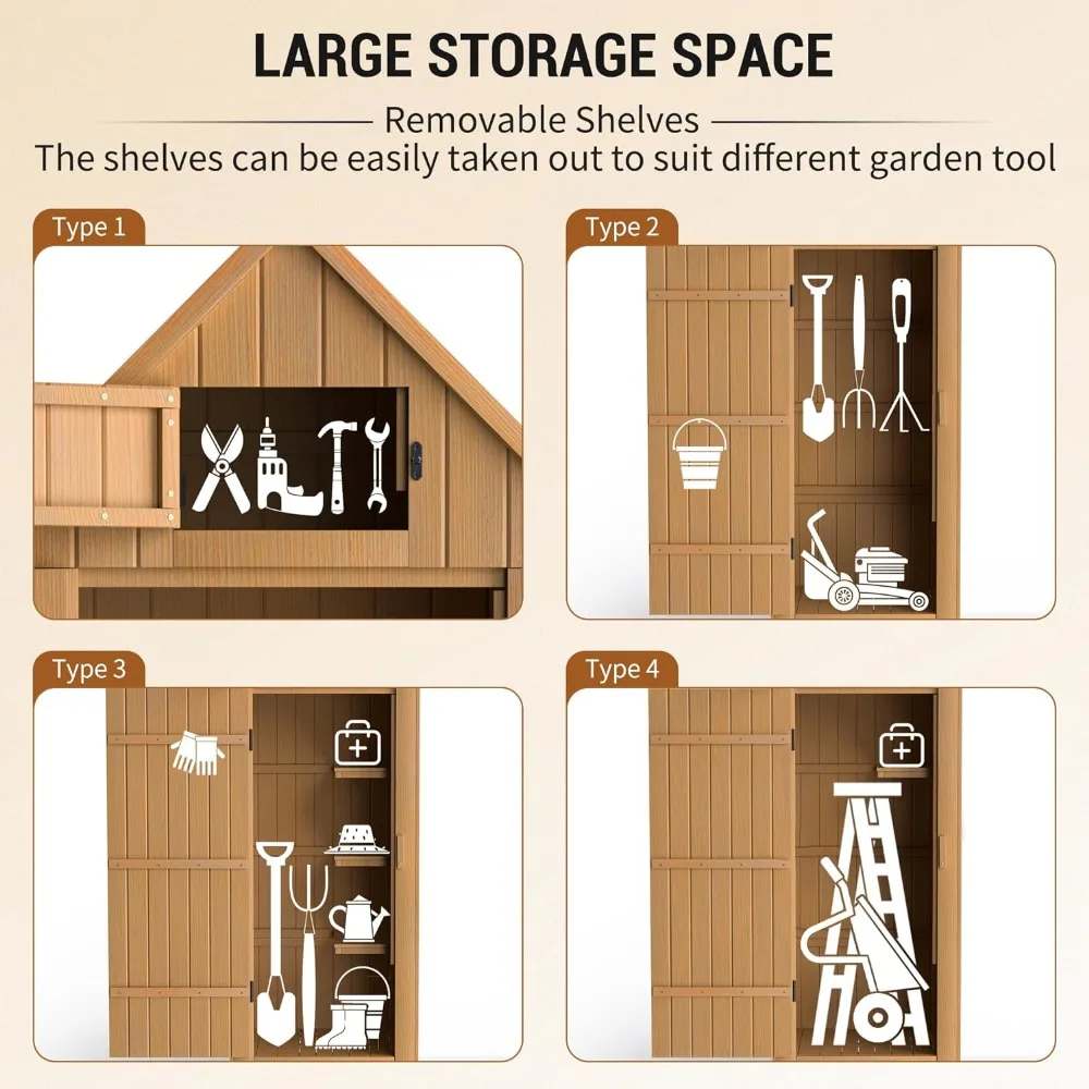 Outdoor storage shed with floor, wooden tool storage cabinet,70 inch high waterproof outdoor kit, suitable for gardens and yards