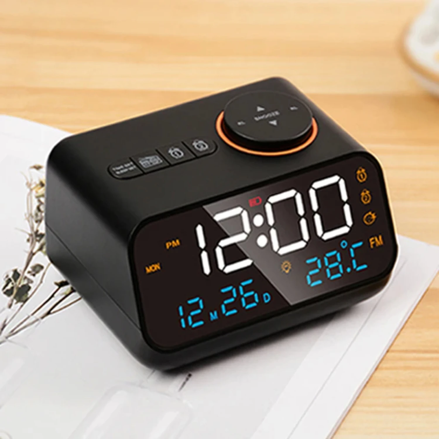 

Mordern FM Radio Alarm Clock Bedside Wake . Digital Table Calendar with Temperature Thermometer Humidity Hygrometer.