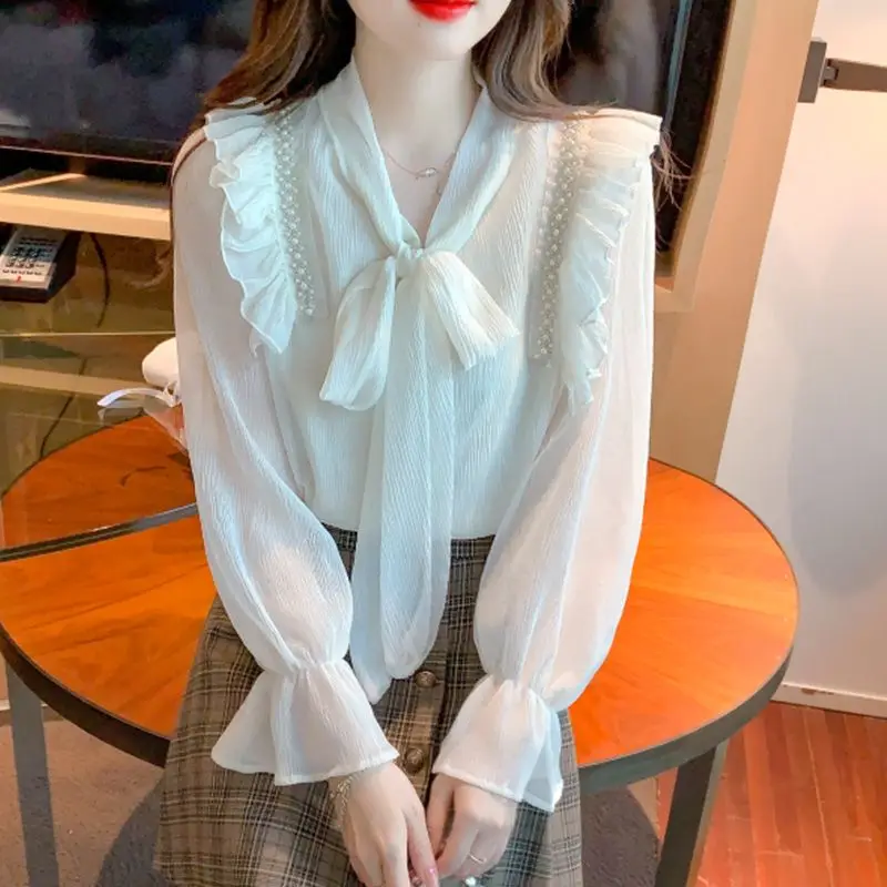 Spring New Women\'s Clothing Korean Fashion Bow Lace Up Elegant Shirt Office Commute Chiffon Blouse Solid Long Sleeve Loose Tops