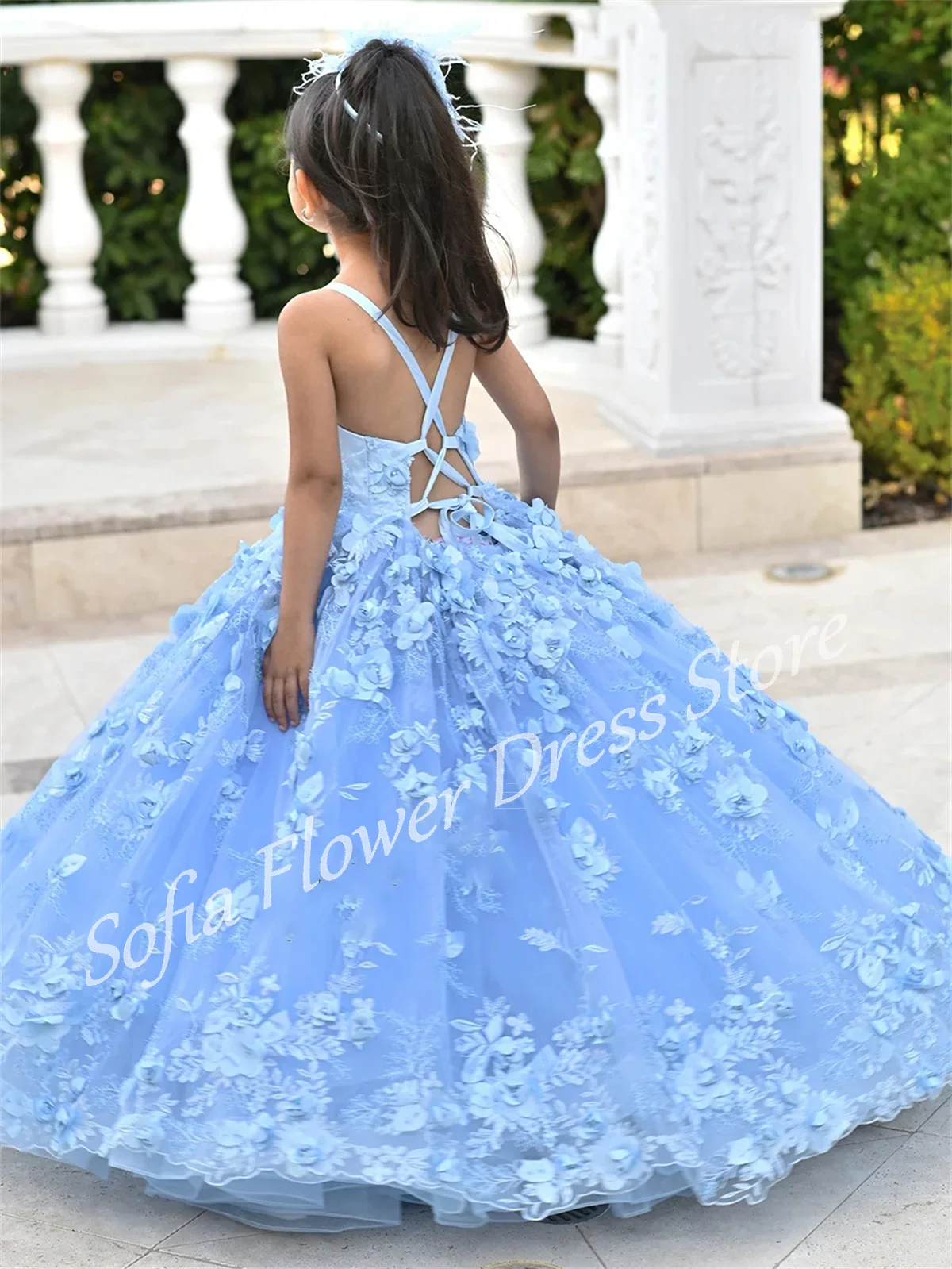 

Lovely Elegant Blue Flower Girl Dress Appliques Princess A-Line Toddler Kids Wedding Birthday Pageant Party Ball Gown