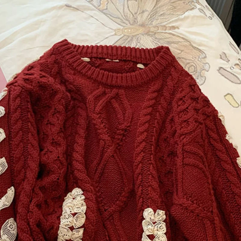 Red Sweaters Chic Lace-up Pullovers for Women Hot Sweet Girls Knitted Autumn Winter Stylish Aesthetic Clothes Versatile Female