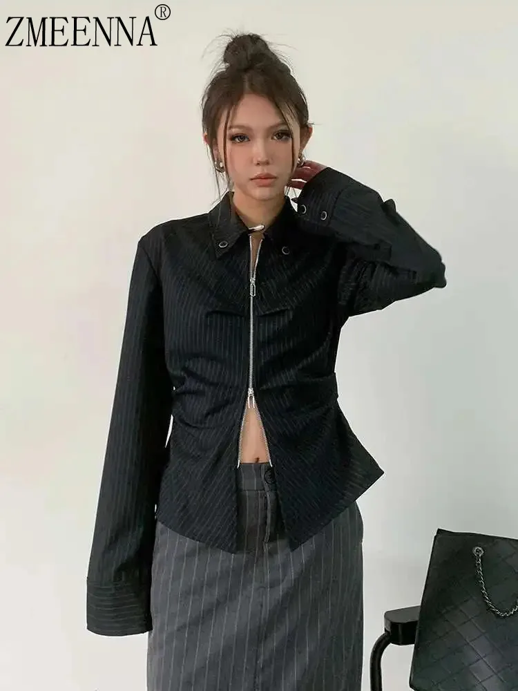 

ZMEENNA Womens Chic Pinstripe Zip Up Crop Top Long Sleeve Collared Blouse With Unique Silver Ring Detail Asymmetric Hem ZM3148