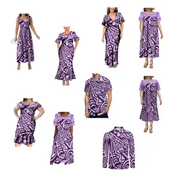 Tribal Peoples Polynesian Couple Set Samoa Island Art Pattern Custom Elegant Women'S Long Dress Fashion Men'S Shirt