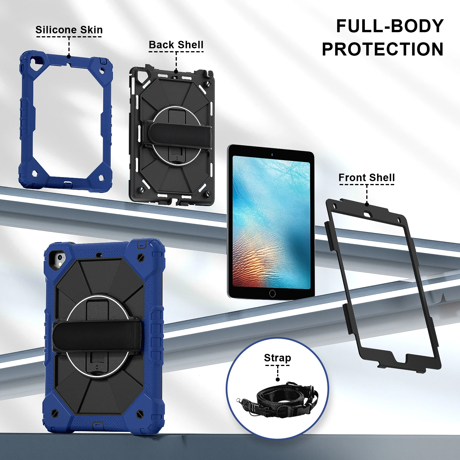 Tablet Case For iPad 9.7-inch (2018) / (2017) / Air 2 Silicone + PC Kickstand Cover with Handy Strap, Shoulder Strap - Navy Blue