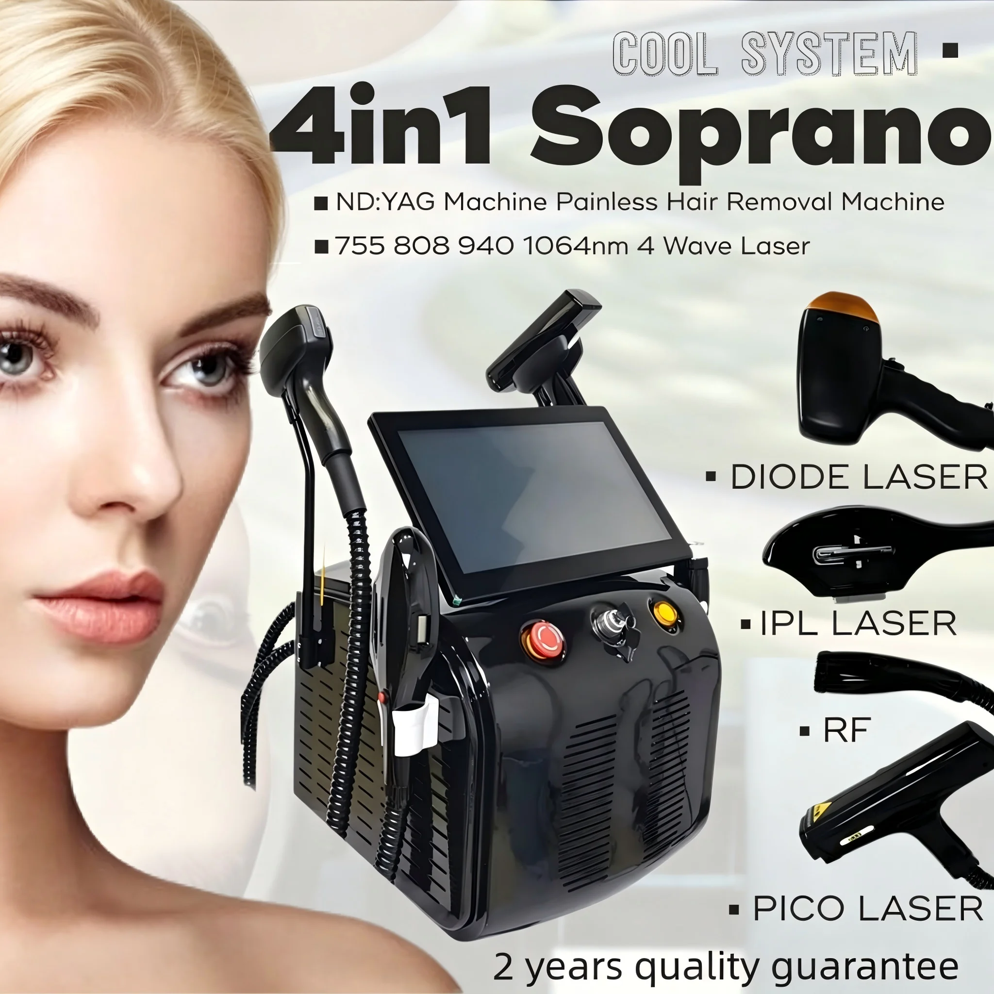 Professional 4 Wave Diode Laser Hair Removal Machine Painless Permanent Hair Reduction IPL RF Skin Tightening Pico Laser Tattoo Removal Carbon Peel Device