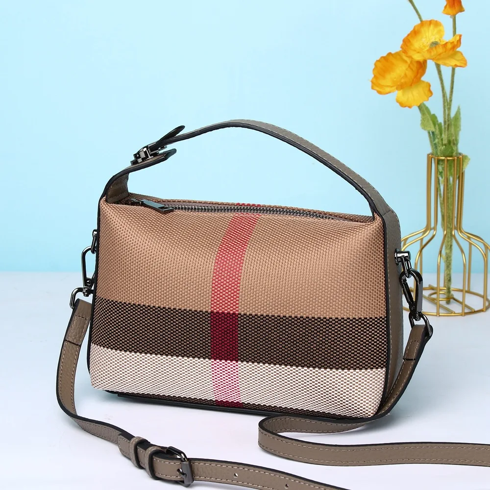 Cowhide Leather Female Bag Super Luxury Women Designer Handbags Plaid Canvas Small Crossbody Shoulder Bag Ladies Hand Bag Purses