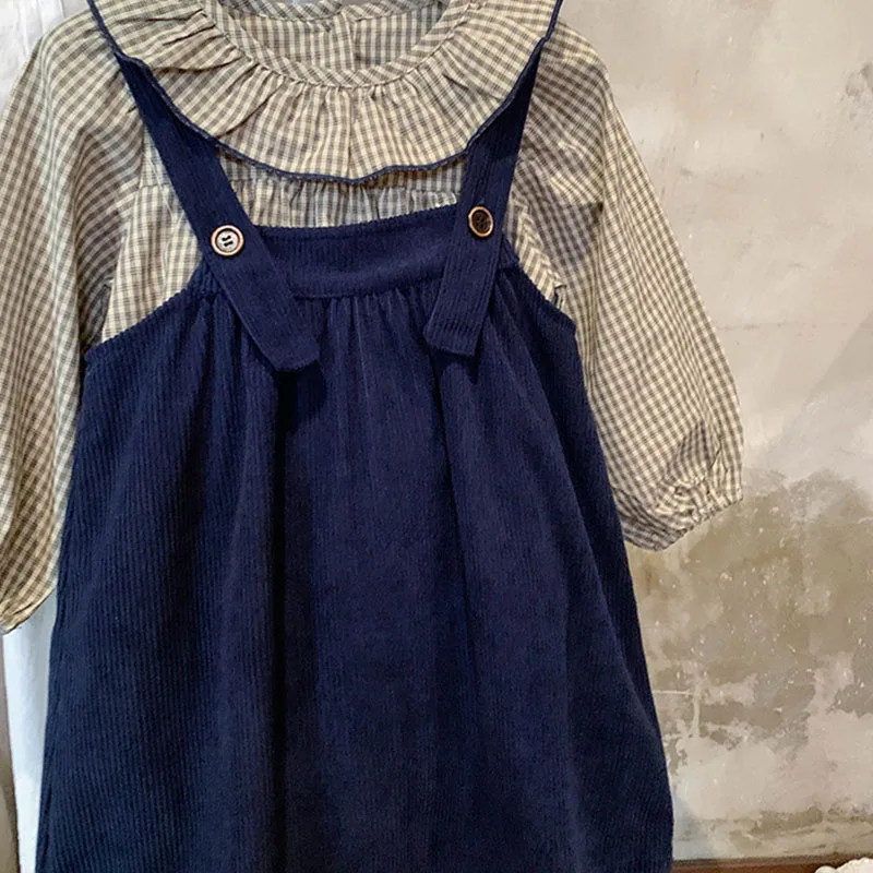 Dark Blue Corduroy Little Girls Jumper Dress Autumn Spring Suspender Toddler Corduroy Dresses With Plaid Blouse  2 To 8 Years