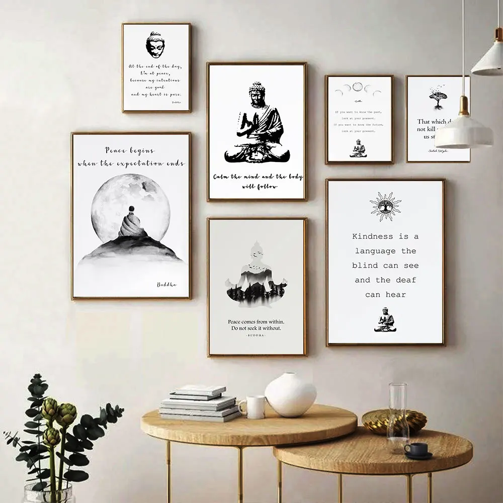 Meditation Religious Yoga Canvas Wall Art Black and White Buddha Poster Aesthetic Room Yoga Room Decor