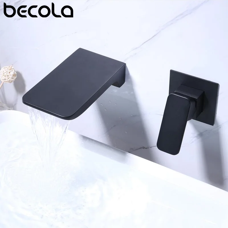 Black Waterfall Spout Basin Faucets Dual Hole Widespread Lavatory Sink Mixer Crane Single Lever Bathroom Washing Basin Mixer Tap