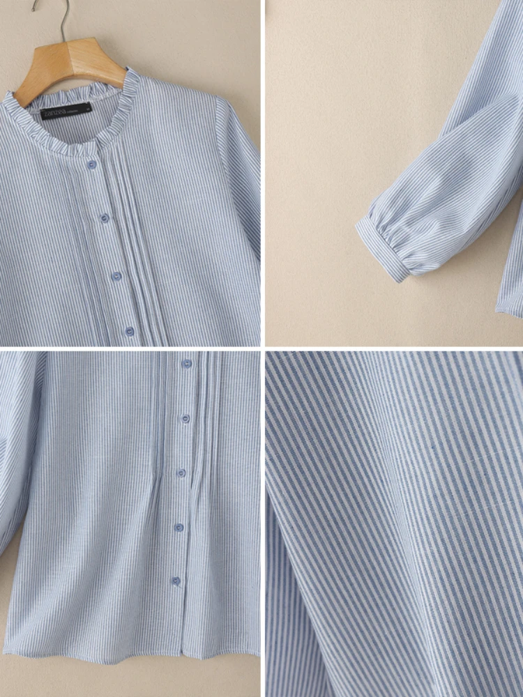 カジュアル女性ピンタック詳細ストライプシャツ秋 2025 フリル O ネックランタンスリーブボタンアップトップス ZANZEA 女性服 S-3XL