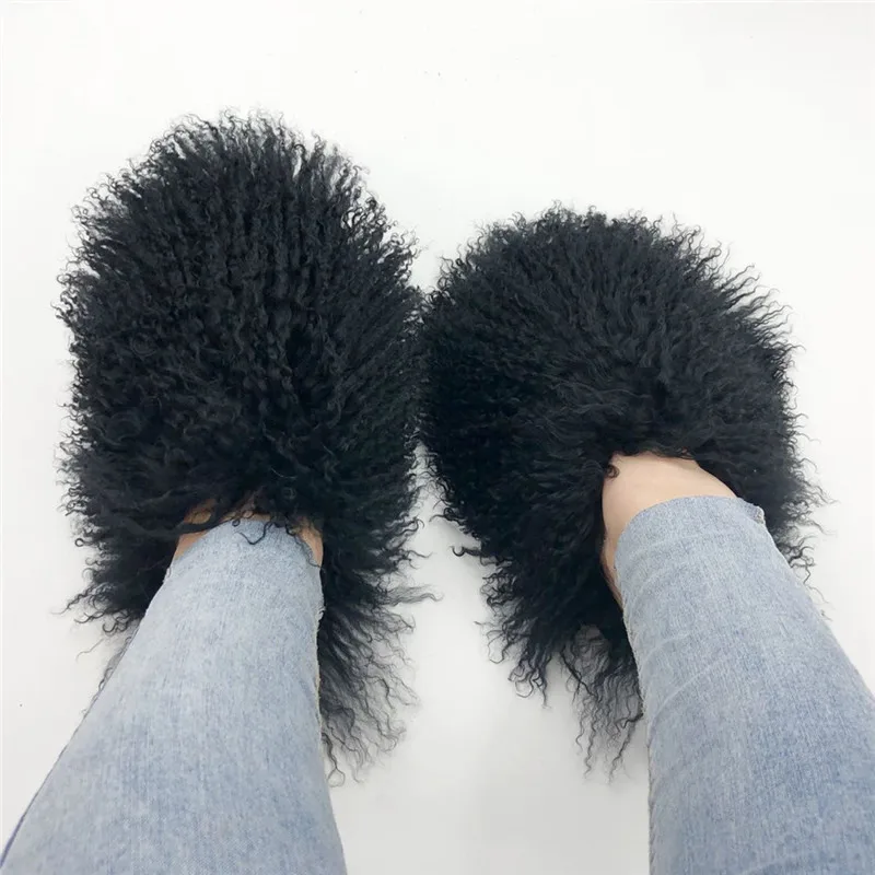 Women Winter Luxury Mongolian Fur Slides Plush Long Designer Fuzzy Fur Sandals Luxury Fashion Flat Furry Slippers