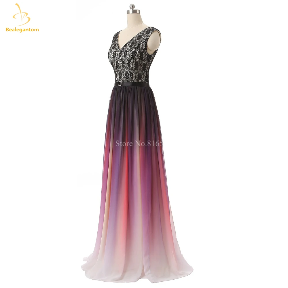 Bealegantom V-Neck Lace Gradiente Chiffon Prom Vestidos, Sexy Cinto Formal, Evening Party Gown, Novo, Ombre