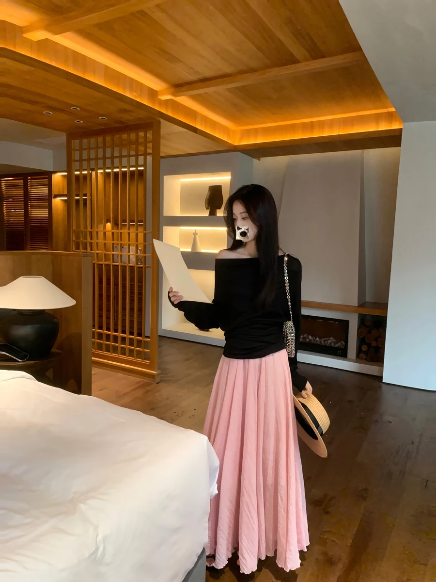 

Свободная женская юбка-трапеция А-силуэта, летняя коллекция 2025, новая модель, с эластичным поясом, плиссированная, из хлопка, длинная, с эффектом похудения