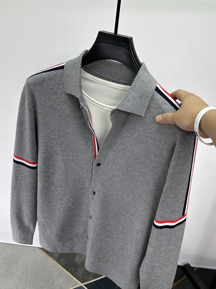 

Модный городской мужской вязаный кардиган-свитер с отложным воротником, весенне-осенний, с цветными блоками, трикотажная верхняя одежда с длинными рукавами, повседневный стиль