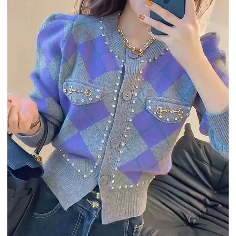 Women Trendy Vintage Argyle Diamonds Bow Chic Sweet Outewear Button Knitted Cardigan Y2K Female O Neck Long Sleeve Sweater Coats