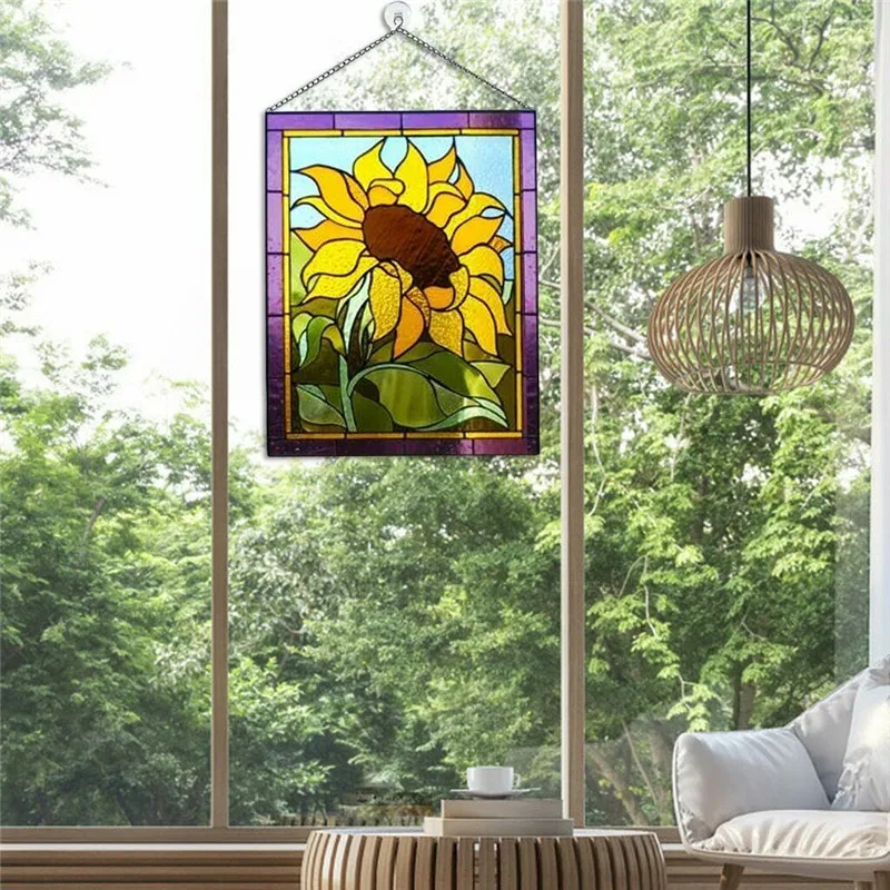 Stained Glass Rectangle Window Hangings Acrylic Decorative Hanger for Door Garden Outdoor Sun Catcher Home Decor