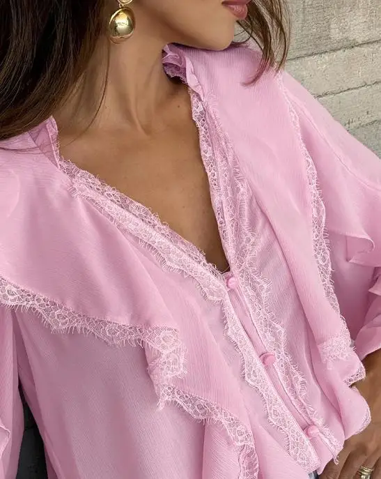 

Women Blouse 2026 Spring New V-Neck Long Sleeve Button Front Eyelash Lace Spliced Blouse Casual Ruffles Patchwork Semi-Sheer Top