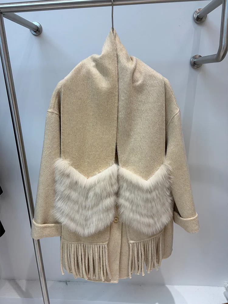 2026 Fashion Winter Women Cashmere Wool Woolen Jacket Natural Real Fur Fox Fur Collar Scarf Coat Outwear Ladies Female Coat