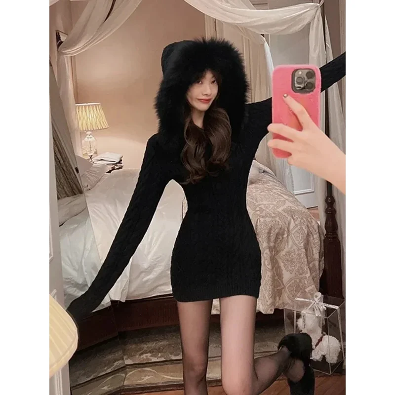 2022 الشتاء محبوك سترة فستان مع مقنعين المرأة سليم Bodycon Y2k فستان قصير فو الفراء الإناث قطعة واحدة فستان الكورية أنيقة
