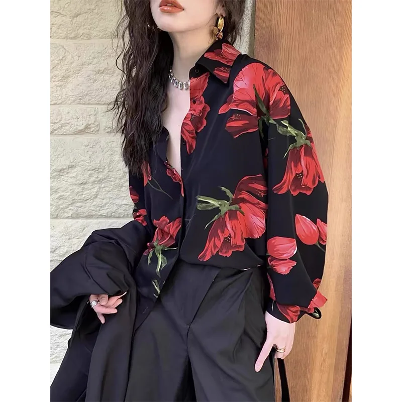 Women Clothing Vintage Chinese Style Floral Print Shirts Spring Summer Chic Elegant Turn-down Collar Long Sleeve Chiffon Blouses