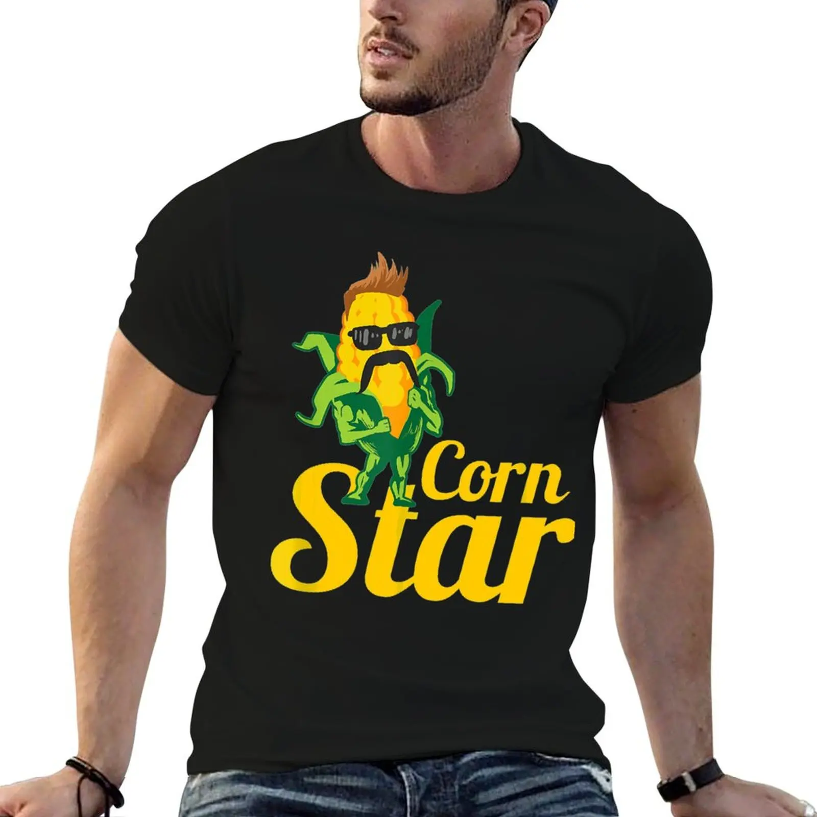 

Funny Corn Star Sunglasses Mustache Maize T-Shirt printed t shirts for man t shirt men 100% cotton luxury brand T-Shirt