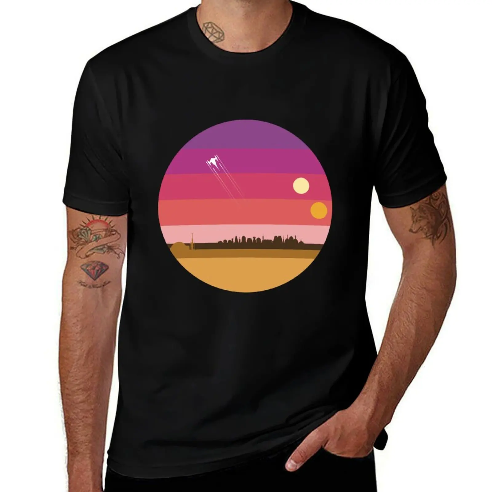 Iconic Binary Sunset T-Shirt Soft Casual Short Sleeve Cotton Tee T-Shirt