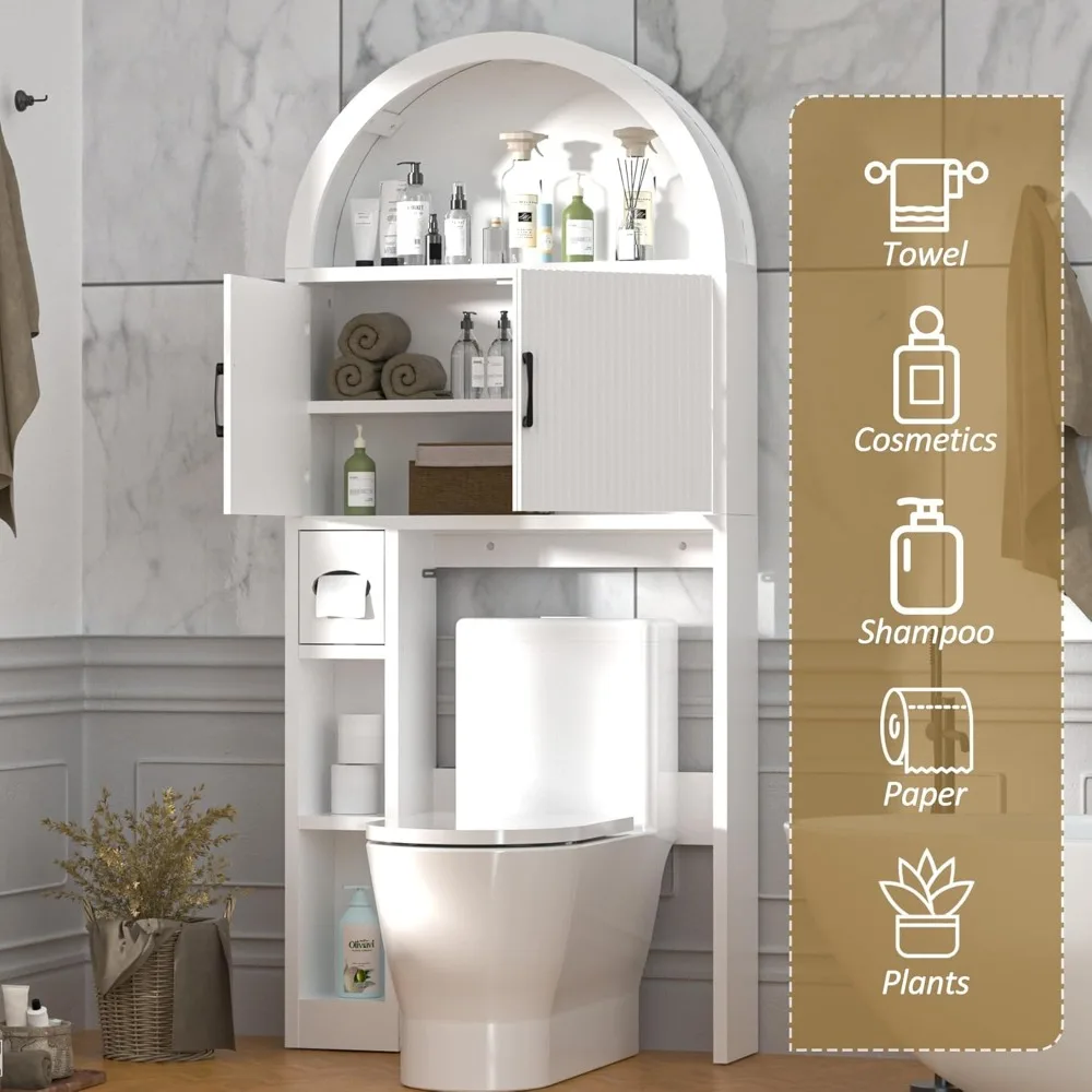 خزانة تخزين الحمام فوق المرحاض، منظم على شكل قوس مع ميزة ثابتة ورفوف قابلة للتعديل