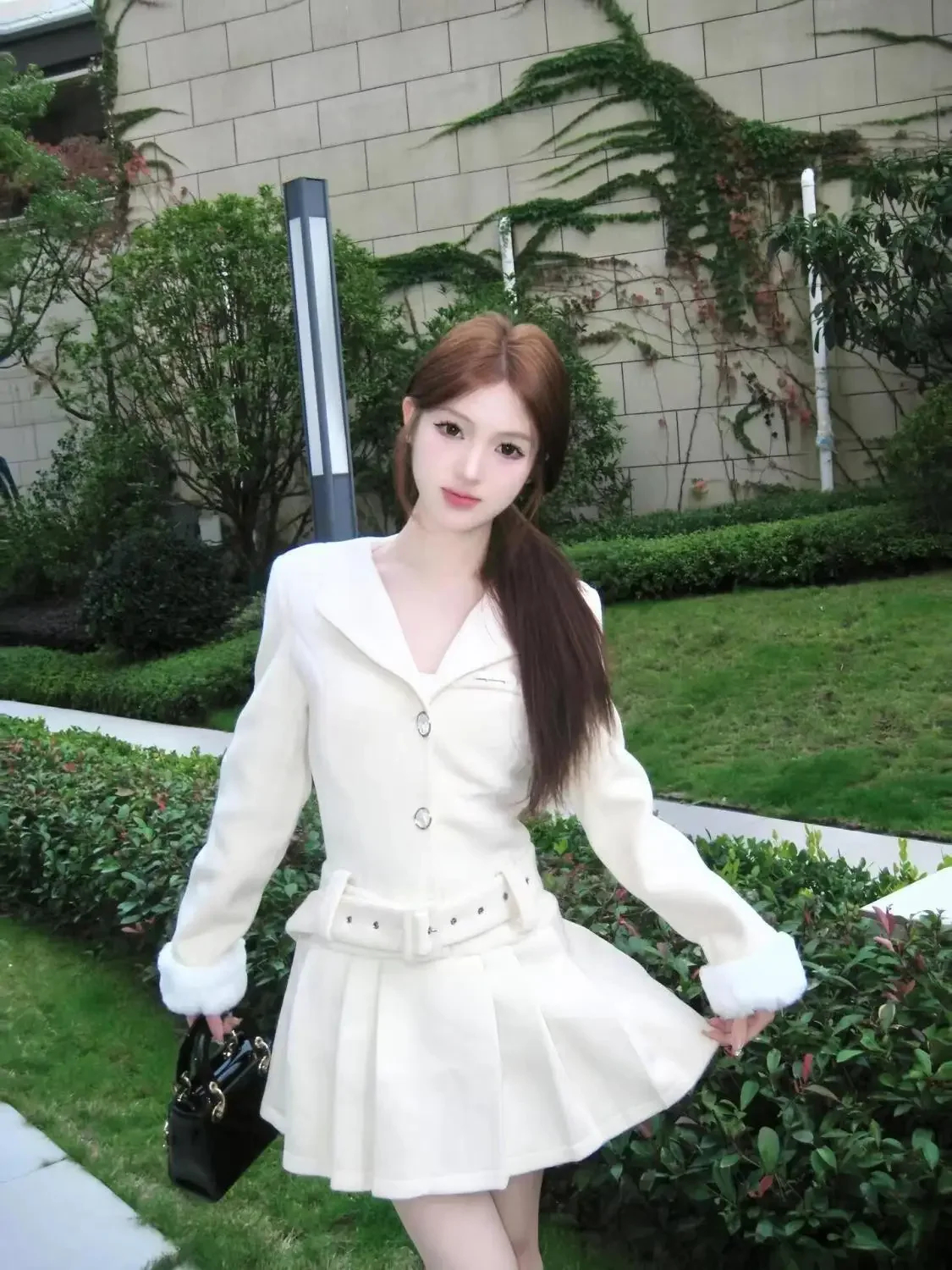 

Корейское универсальное белое платье с тонкой талией, новое осеннее плюшевое лоскутное плиссированное платье с отложным воротником и длинными рукавами Y2k