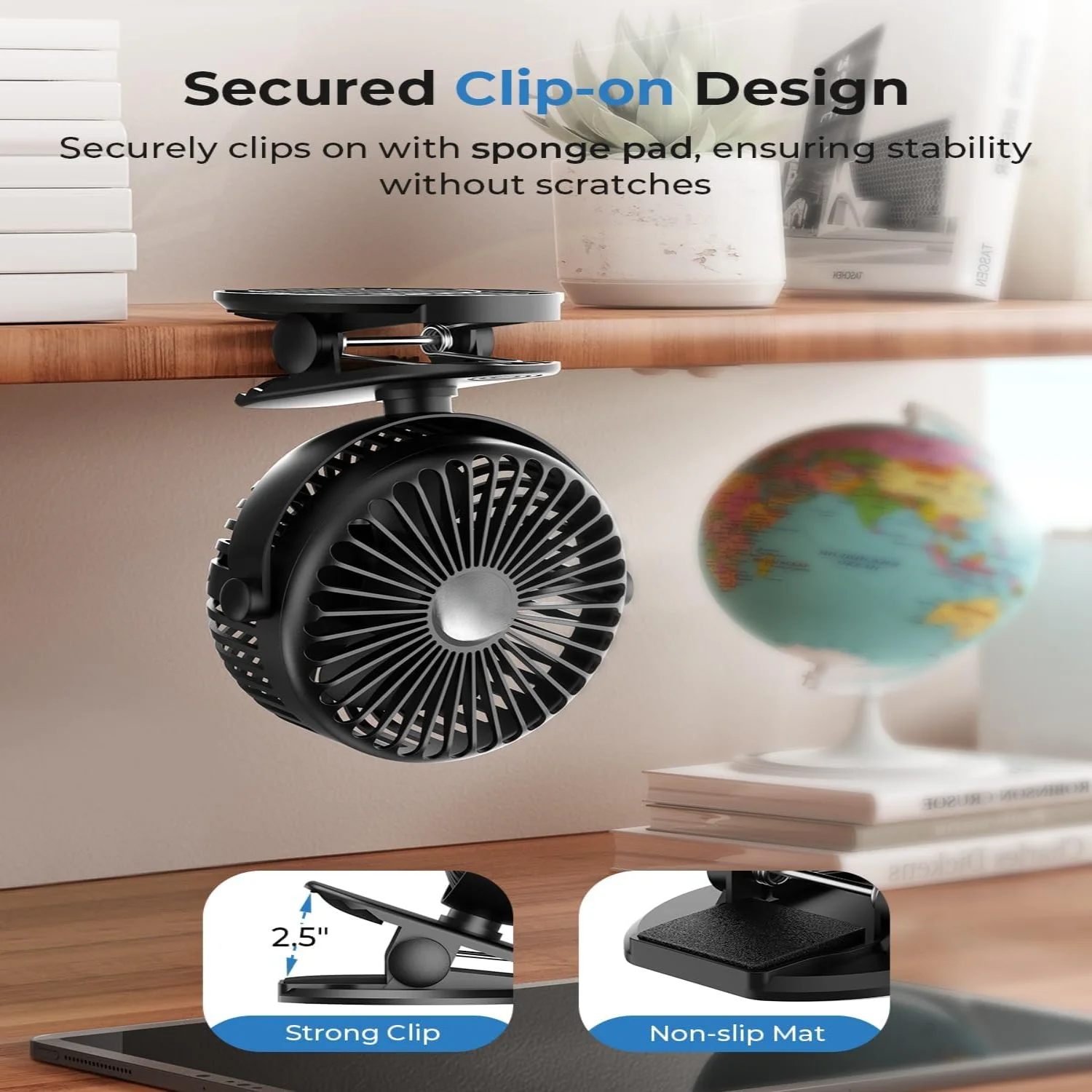 Portable Clip On Fan USB Rechargeable, Small Desk Fan Battery Operated, Baby Stroller Fan With 3 Speeds, Quiet Personal Fan For