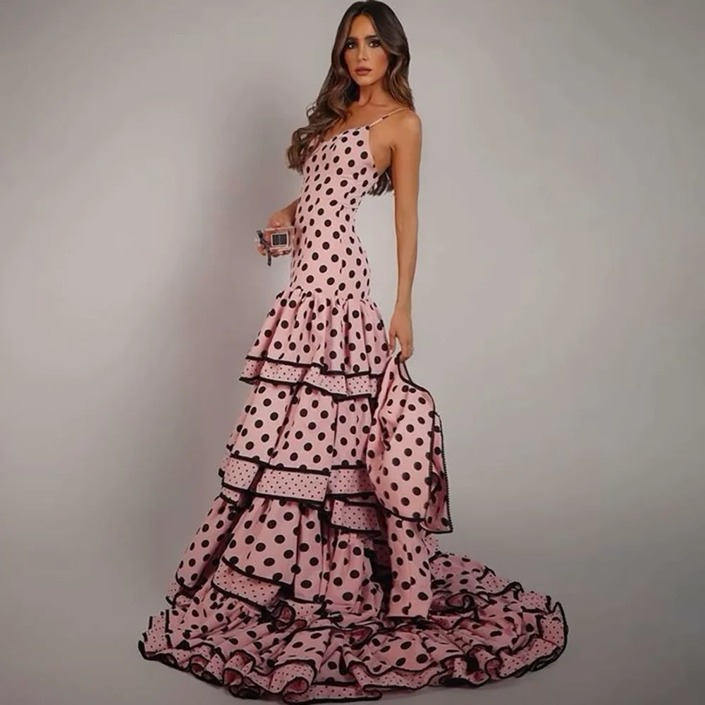 Eleganti abiti da sera senza maniche alla moda con cinturino per spaghetti per le donne Abiti da festa glamour a pois Abiti da gala