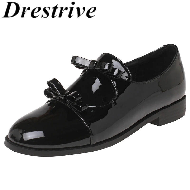 

Drestrive 2025 Classic Women's Pumps Sheep Patent Leather Round Toe Thick Low Heels Butterfly Knot Autumn Shoes Loafers