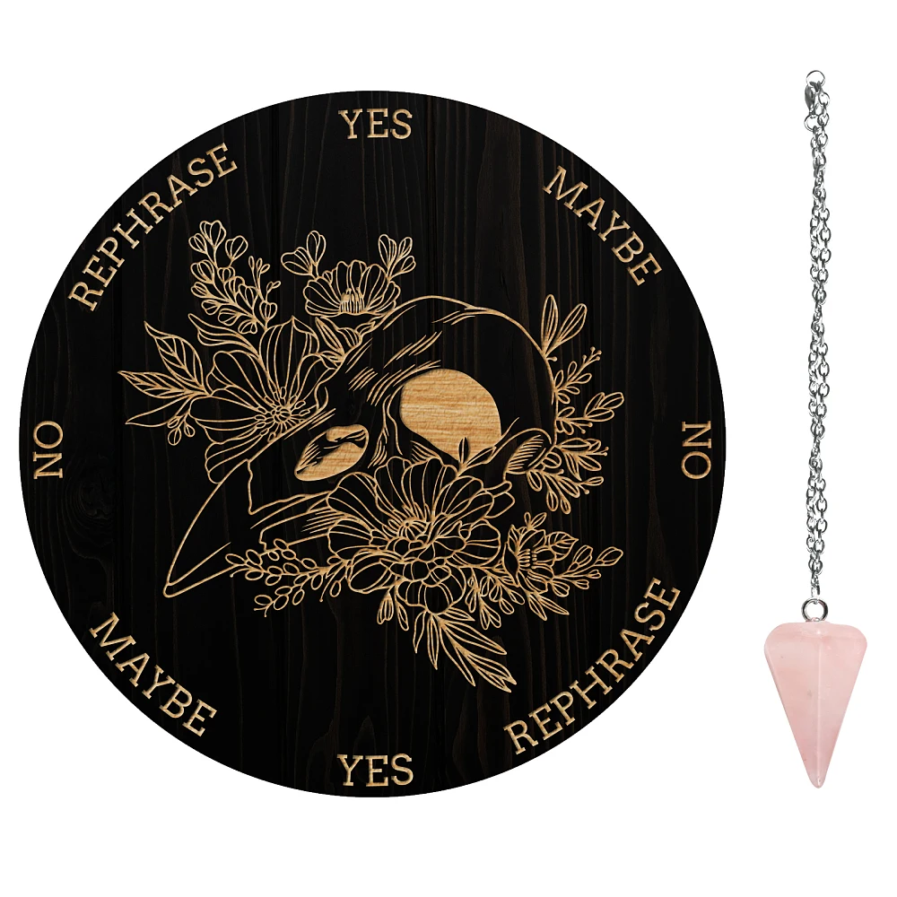 1Pc Wood Pendulum Board 1Pc Stainless Steel Cable Chain Necklaces 1Pc Rose Quartz Stone Pendants for Supplies Bird Pattern