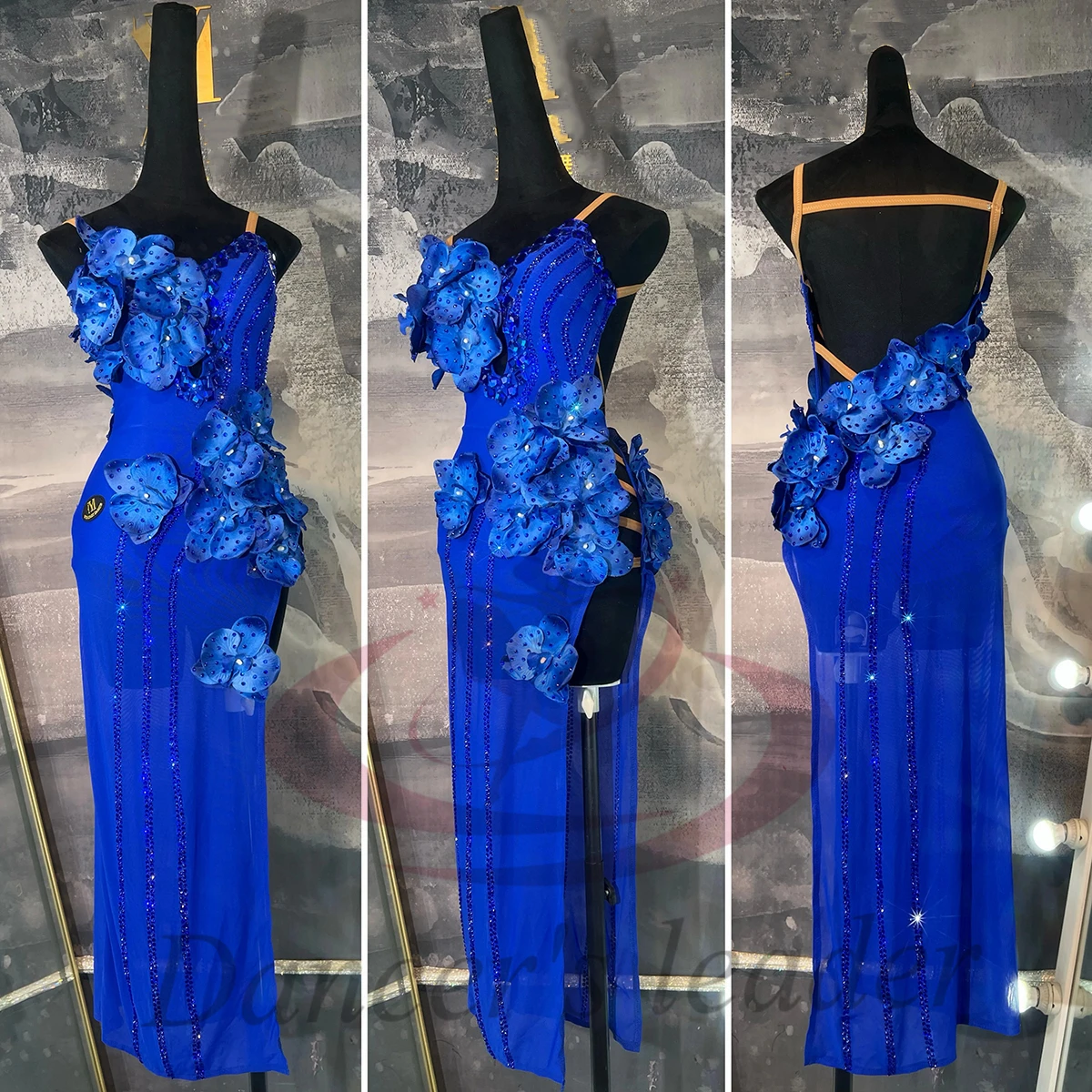 فستان راقص لاتيني للأطفال البالغين عالي الجودة مخصص من كلاين بلو فلاور تشا تشا سامبا للأداء الاحترافي