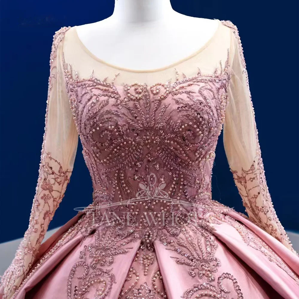 Pink O-Neck Long Sleeve Crystal Beaded Lace Up Back Prom Gown Customizable Luxury Evening Dress With Embroidery