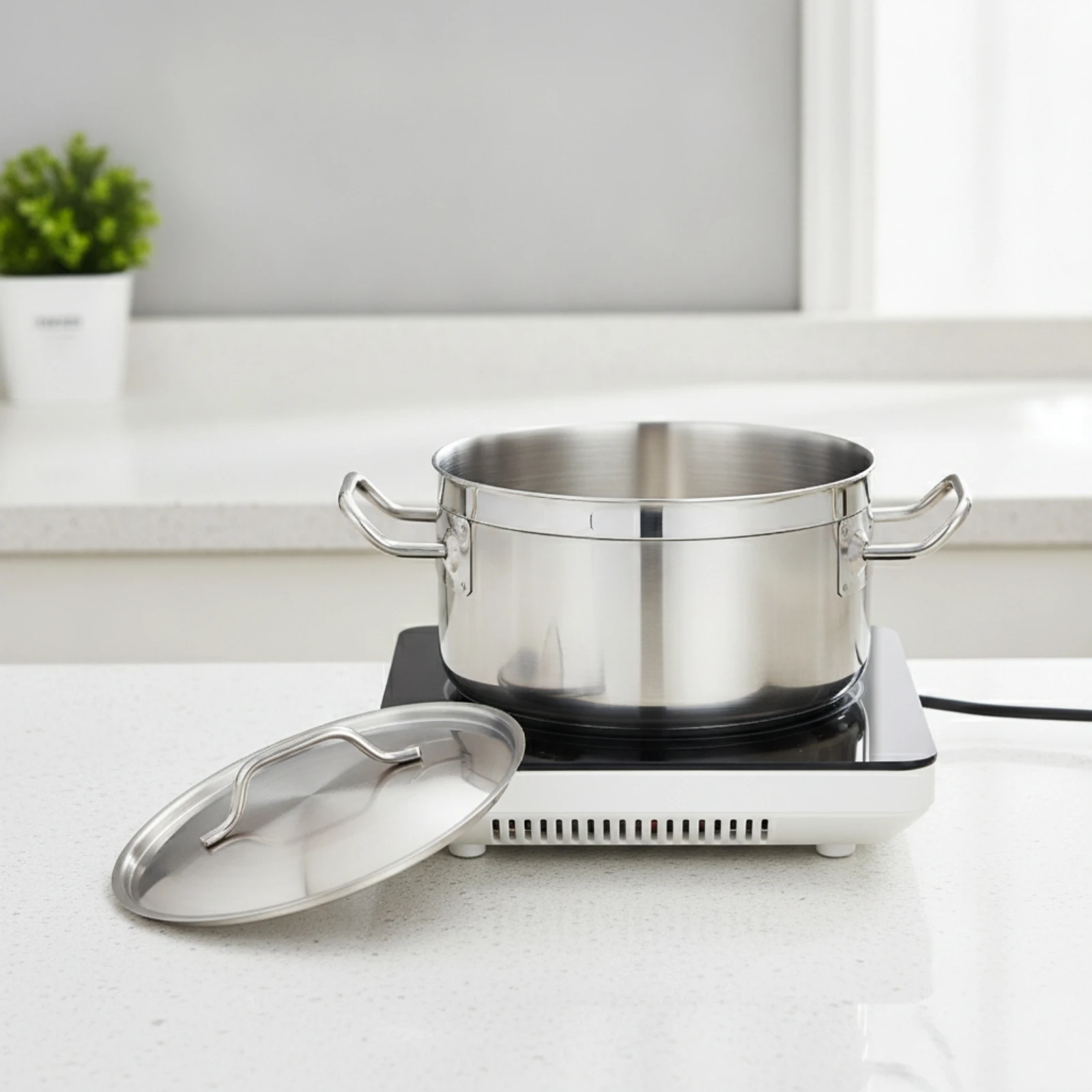 Hot Pot Flat Bottom Pot with Lid Saucepan Double Handle for Singles, Tabletop Cooking, Camping