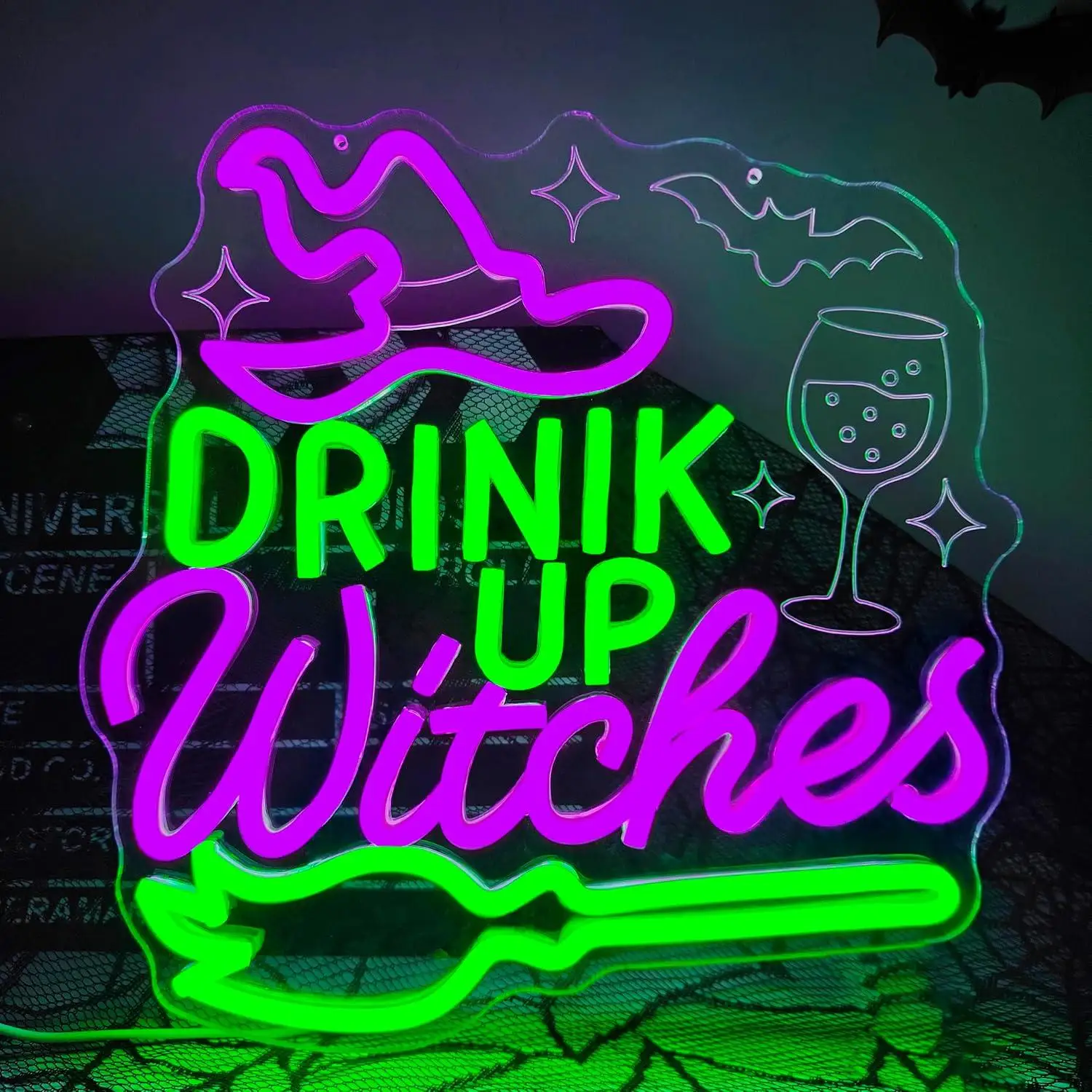 Drink Up Witches Neon Sign Halloween Dimmable Light For Bar Pub Apartment Bedroom Dorm Holiday Party Decoration Display Gifts