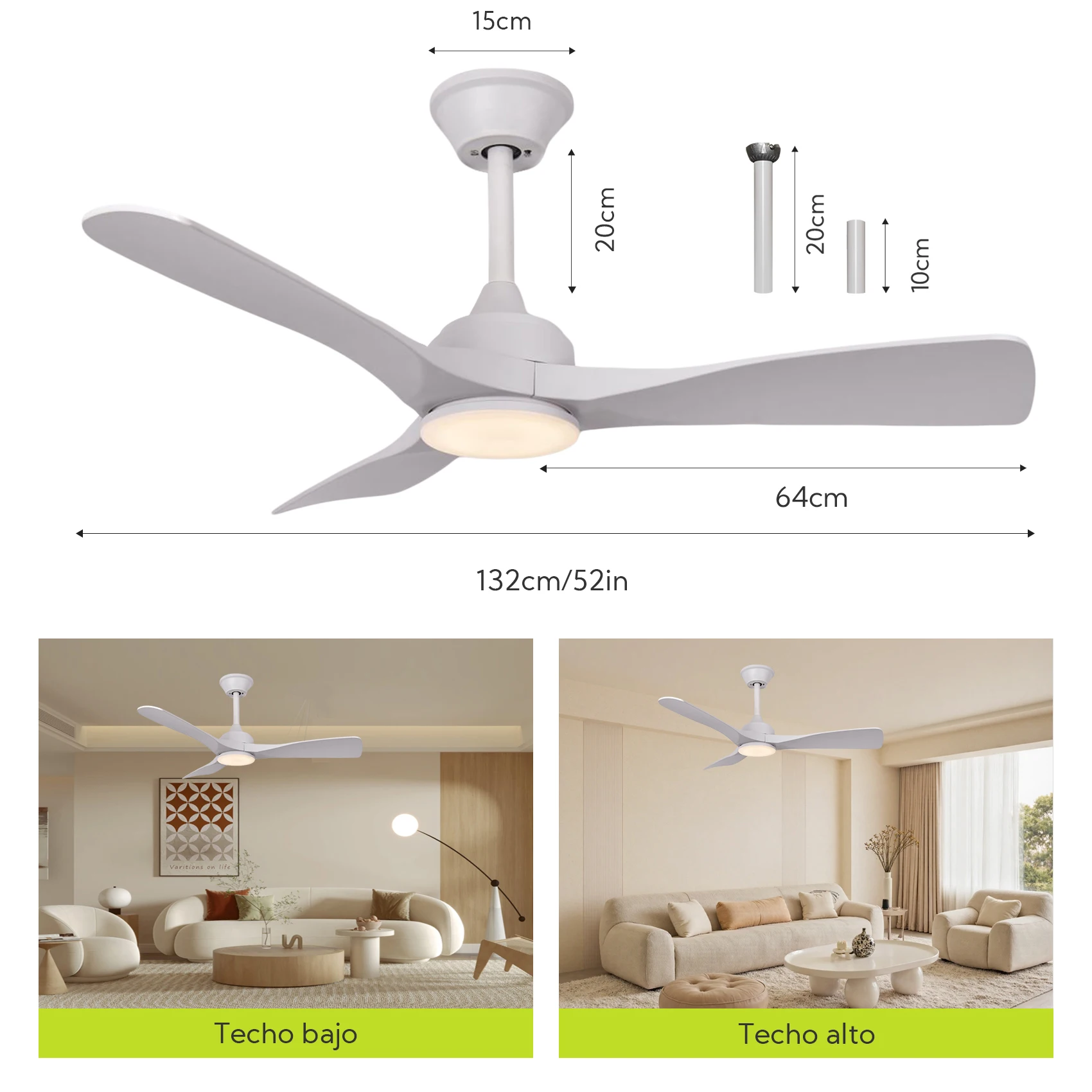 Ventilatorlamp voor een grote woonkamer, 132 cm (52 inch), met een stille DC-motor en afstandsbediening, 3 witte/houten ABS-bladen, dimbare LED-verlichting voor de eetkamer en grote ruimtes.