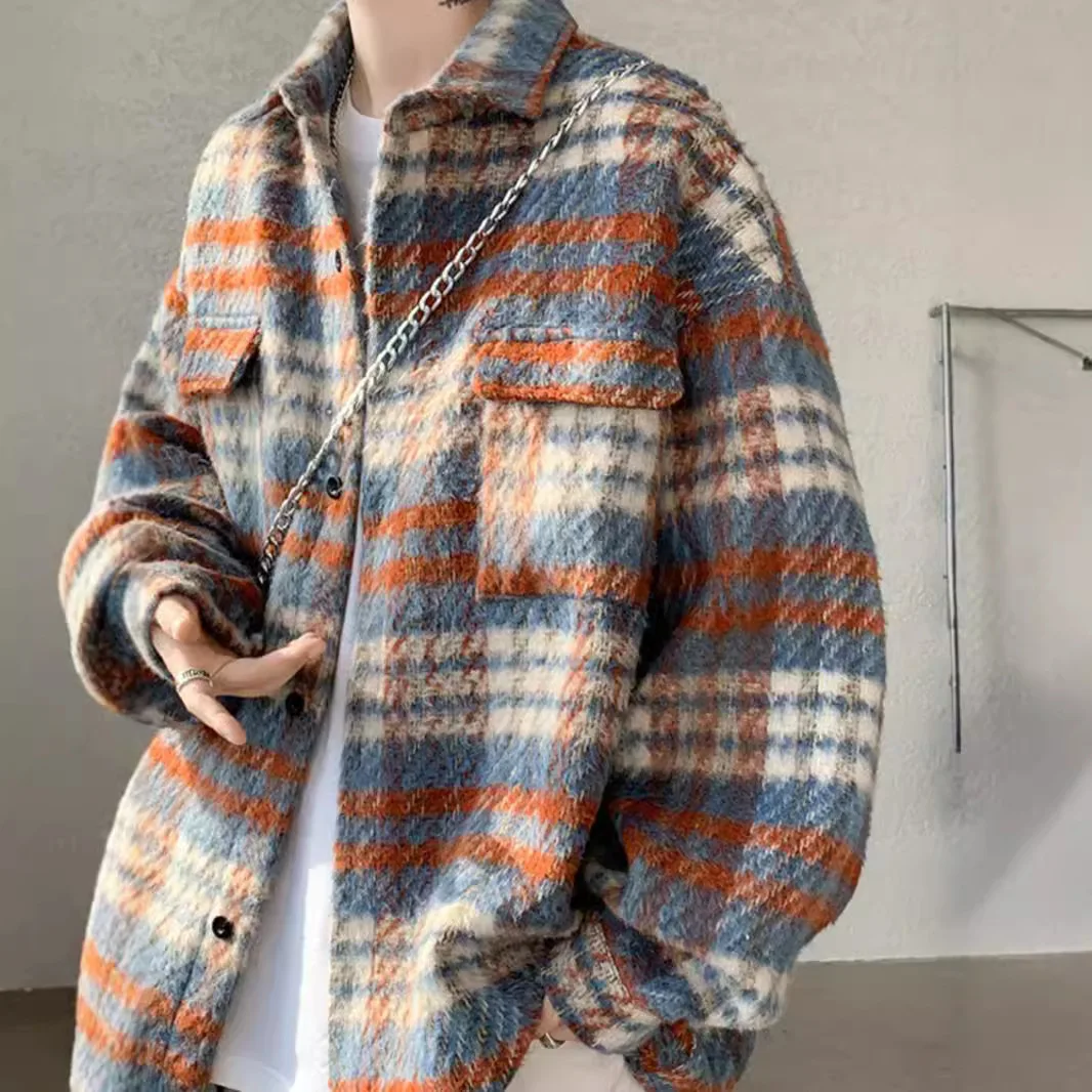 

Wool Blend Jacket Man Class Mens Mock Two-Pieces Printing Rock Zippers Plaid Color-Splicing Quilting Baseball Outdoors College