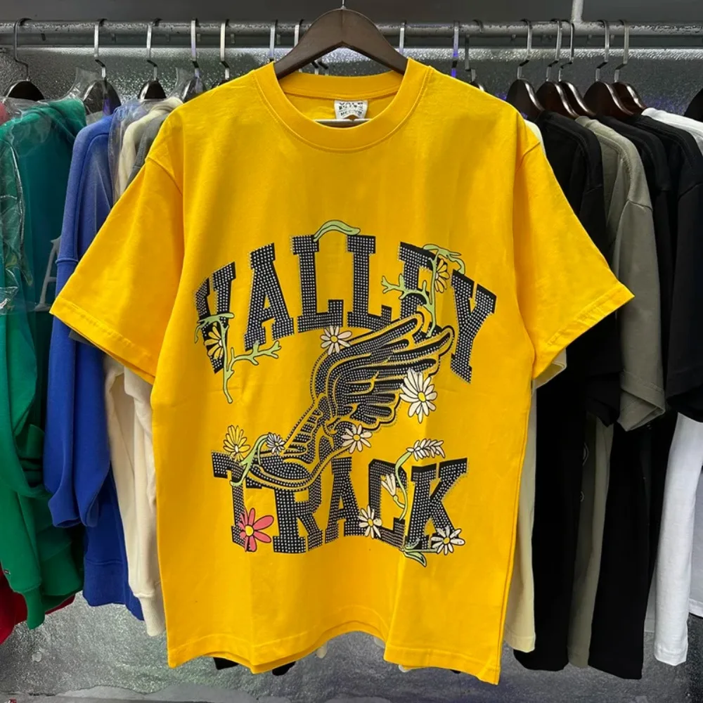 

Summer 2025 Yellow VALLEY T-shirt Hot Diamond Flower letter Print Loose Cotton casual plus size hip-hop Short Sleeve Tees Top1