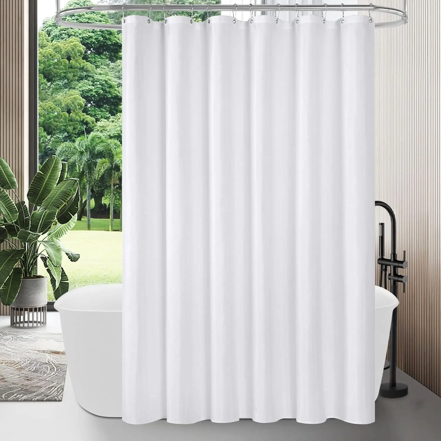 1PC White Fabric Shower Curtain Liner, Modern Bathroom Simple Shower Curtain Or Liner, TARP and Machine Washable, 12 Hooks