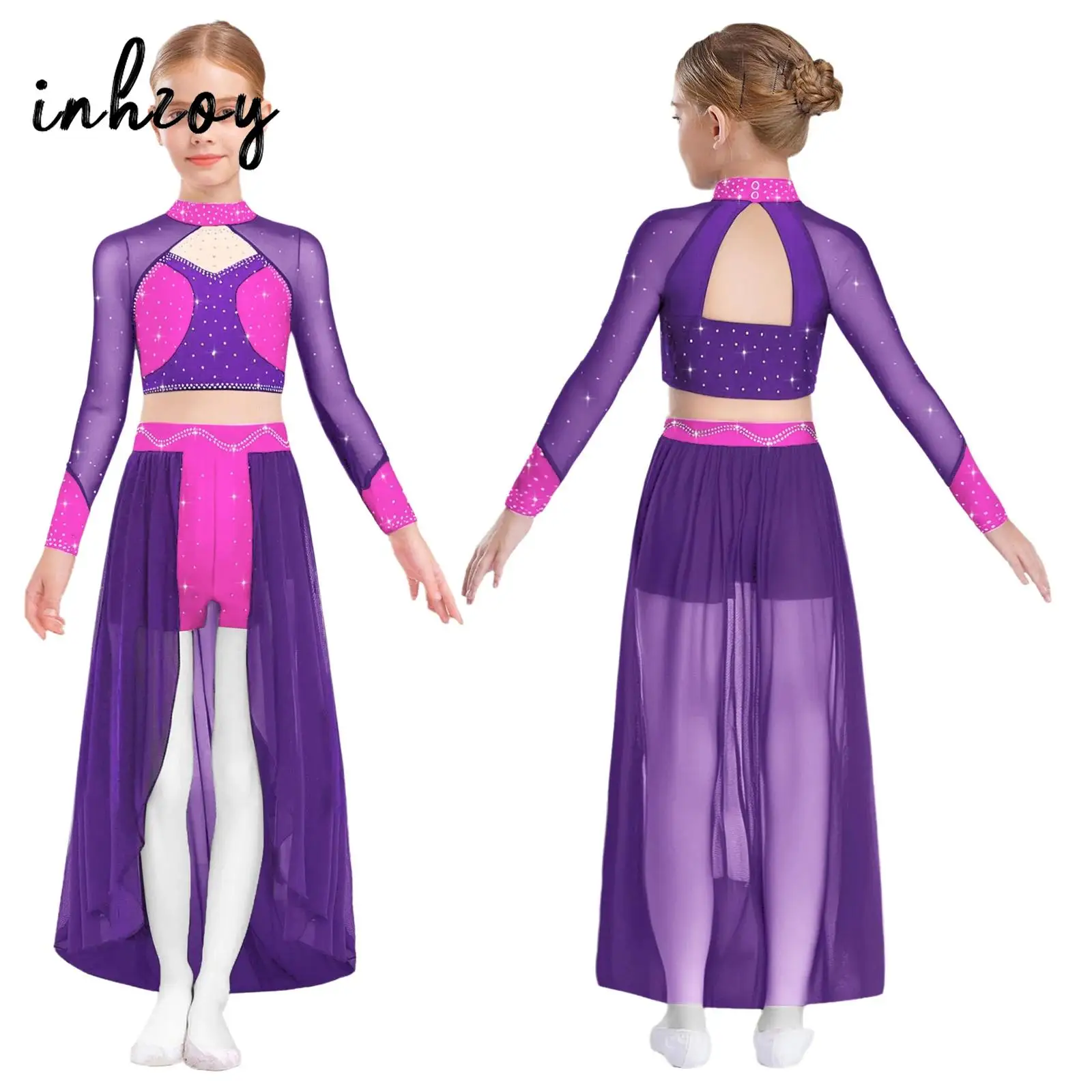 ชุดเต้นบัลเลต์เด็ก ชุดเต้นลีริคอล โมเดิร์น คอนเทมโพรารี แขนยาว ประดับคริสตัล ช่วงหลังเว้า ครอปท็อป กระโปรงทรงเอ